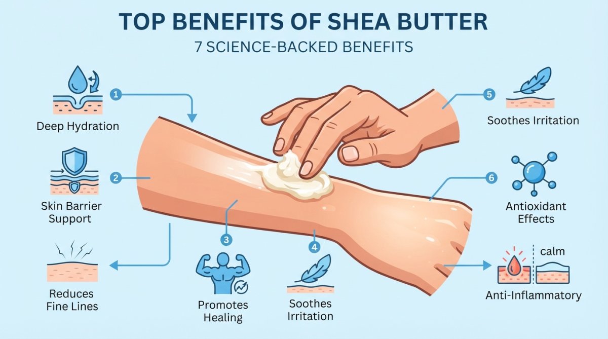 Close-up of a person's hand applying creamy shea butter to their forearm, showing the texture and absorption on healthy skin