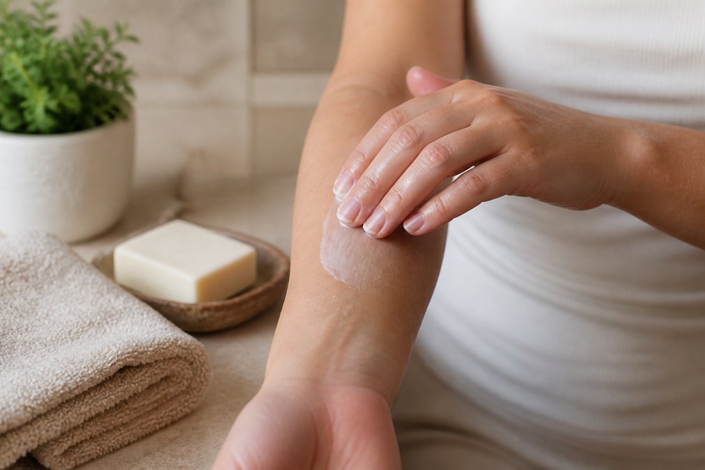 Close-up of hands applying moisturizer to damp skin on an arm, with a bar of shea butter soap and towel nearby on a bathroom counter
