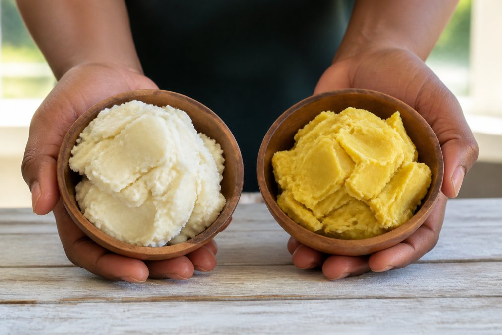 Hands holding ivory and yellow shea butter bowls for a Shea Nut Organix vs The Yellow Bird comparison