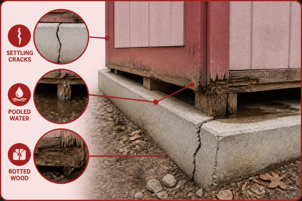 Close-up photograph of a damaged shed foundation showing visible settling cracks in concrete, pooled water beneath rotted timber framing, and deteriorated wood at ground contact