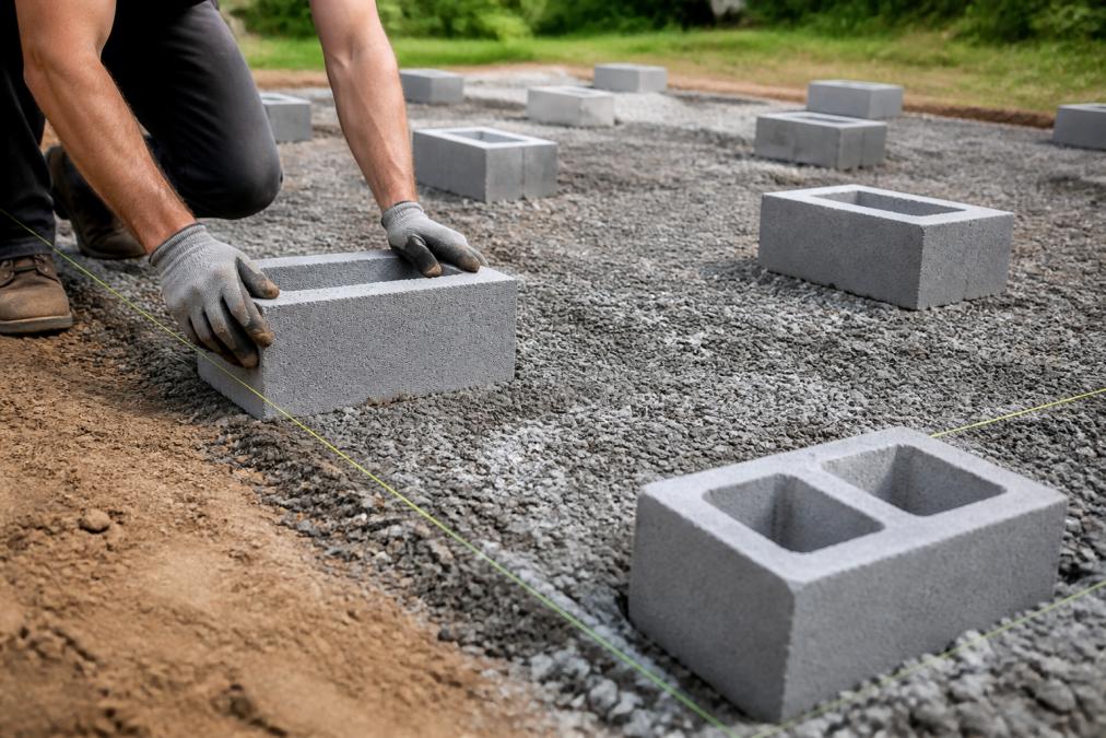 Hands placing concrete blocks on compacted gravel with proper leveling and spacing for shed foundation installation