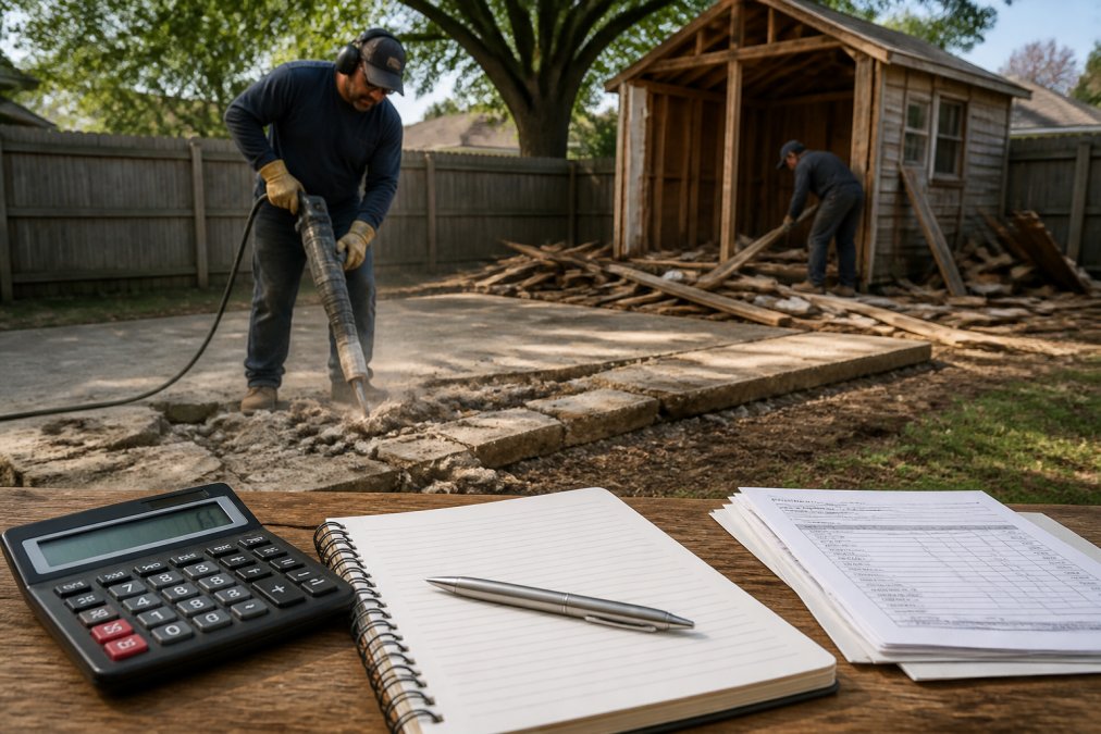 A professional crew in work uniforms breaking up a concrete slab with a jackhammer in a residential backyard, with an old wooden shed partially dismantled in the background