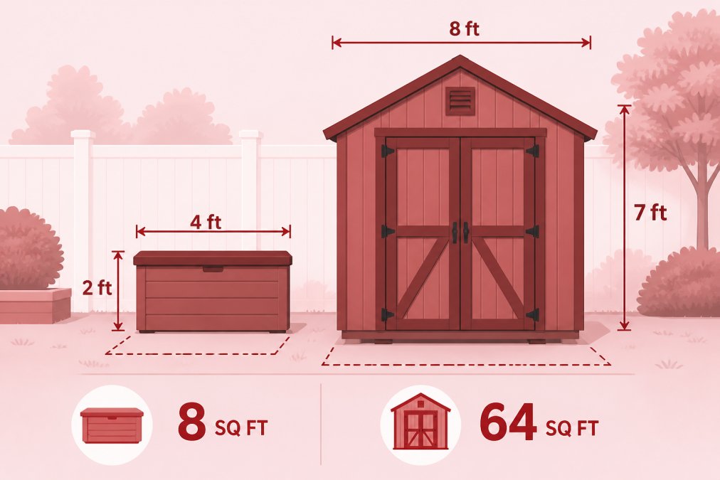 Residential backyard showing a compact resin storage box positioned next to a wooden shed, illustrating the scale and footprint differences between the two structures in a small yard setting