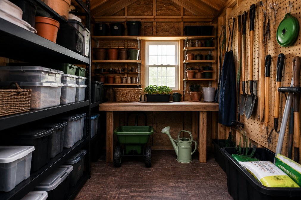 Interior view of an organized shed featuring wall-mounted shelving units, labeled plastic storage containers, and gardening tools neatly hung on pegboards along the walls with natural light from a window