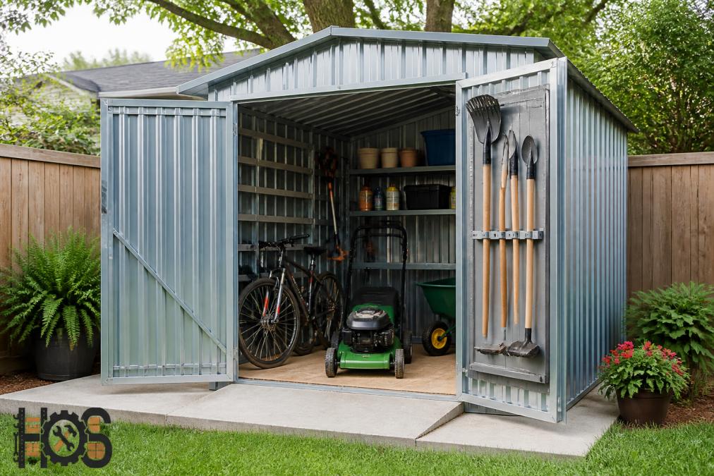 Galvanized metal storage shed installed in residential backyard with double front doors open, revealing organized interior with tools, lawn equipment, and bicycles stored inside, showing weatherproof construction and spacious layout