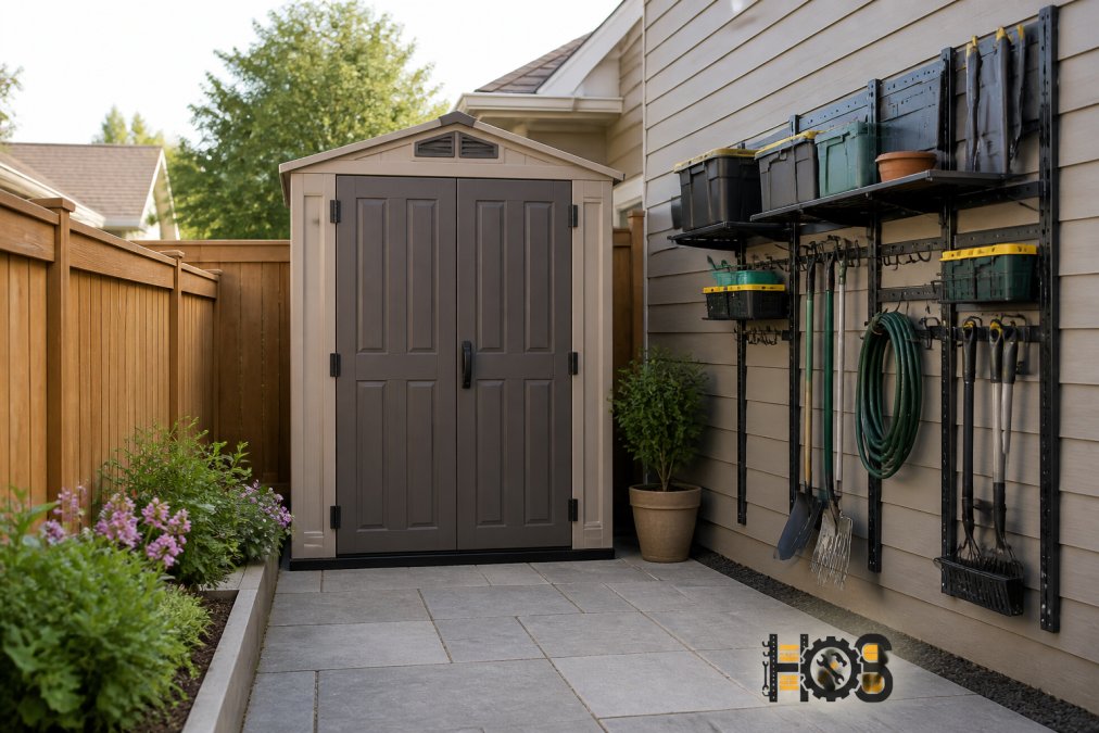 Compact resin storage shed positioned against fence in small suburban backyard, with vertical wall-mounted shelving systems and hanging tool organizers maximizing limited outdoor space, showing efficient use of tight residential area
