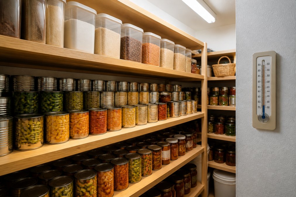 Well-organized home pantry with canned goods neatly arranged on wooden shelves in rows, labeled containers on upper shelves, cool fluorescent lighting, and a thermometer visible on the wall showing temperature