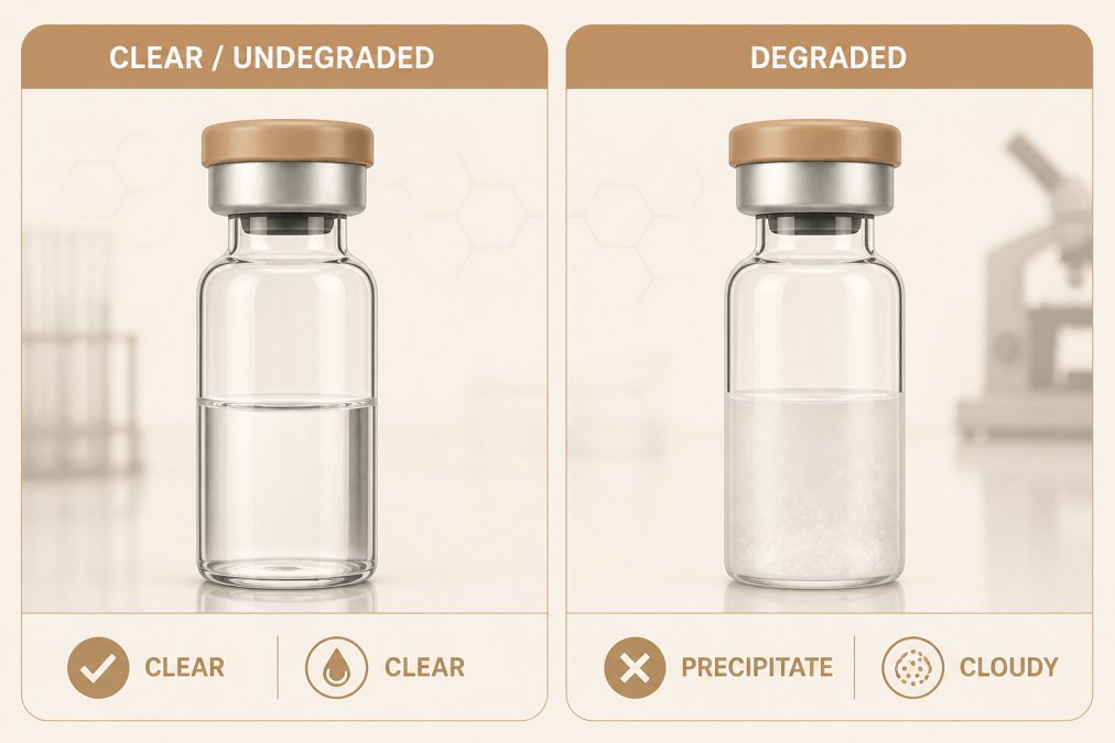 Side-by-side comparison of a clear, undegraded peptide vial next to a vial showing visible precipitate or cloudiness under laboratory lighting