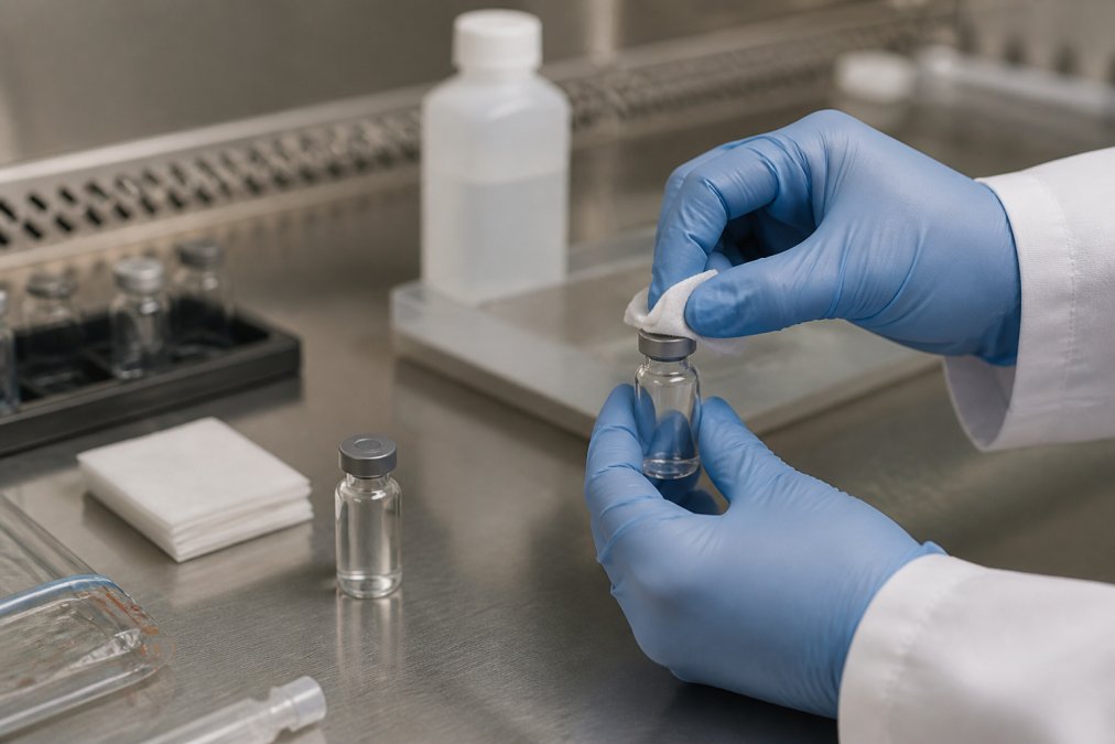 Close-up of a gloved hand using an alcohol swab to sanitize a peptide vial stopper under controlled laboratory lighting