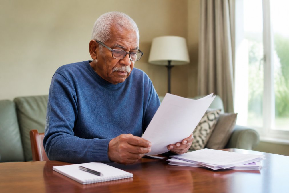 Senior wearing glasses reviewing Medicare plan documents at home on a laptop, with a notepad and pen on the desk beside them