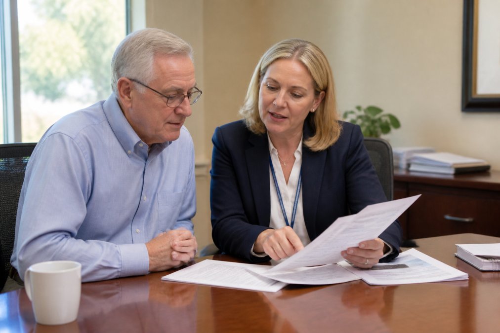 Licensed Medicare advisor meeting one-on-one with a senior client in a professional office setting, both reviewing plan documents together at a desk with natural window lighting