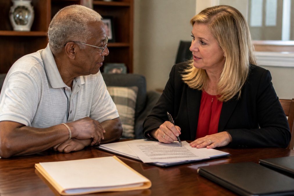 Senior adult speaking with a professional advisor at a desk in a warm office setting, reviewing Medicare documents together with reassuring eye contact and attentive body language
