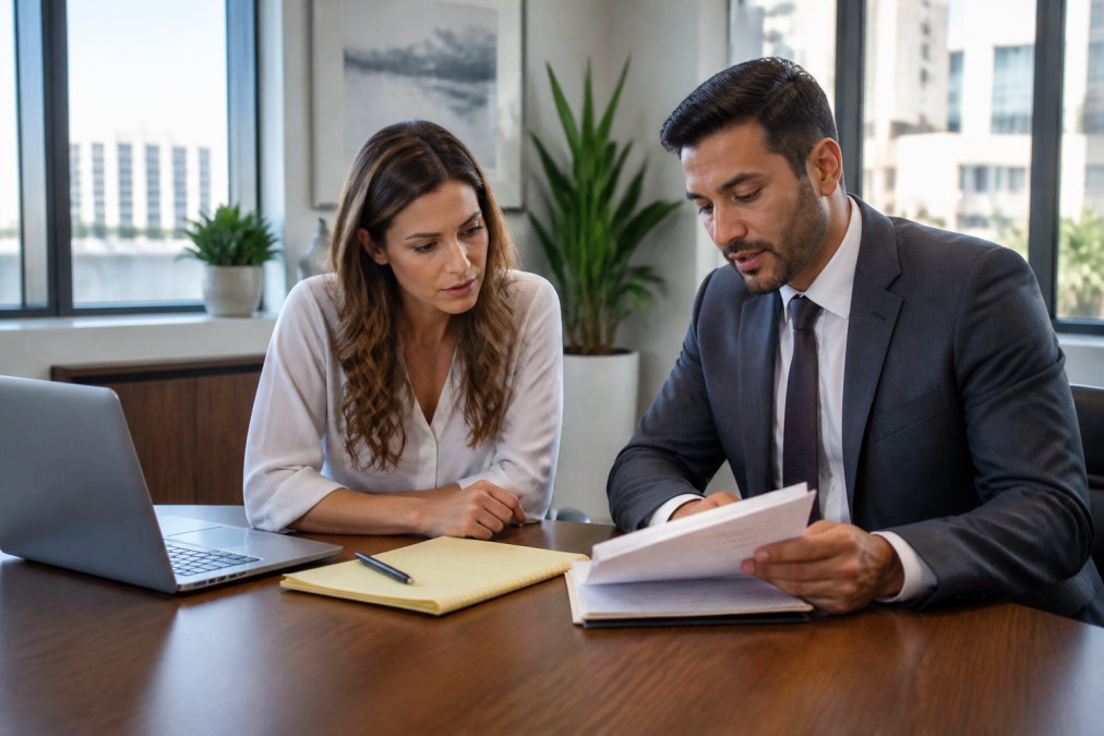 A client and attorney reviewing legal documents together at a wooden conference table in a bright California law office, with a laptop and notepad visible