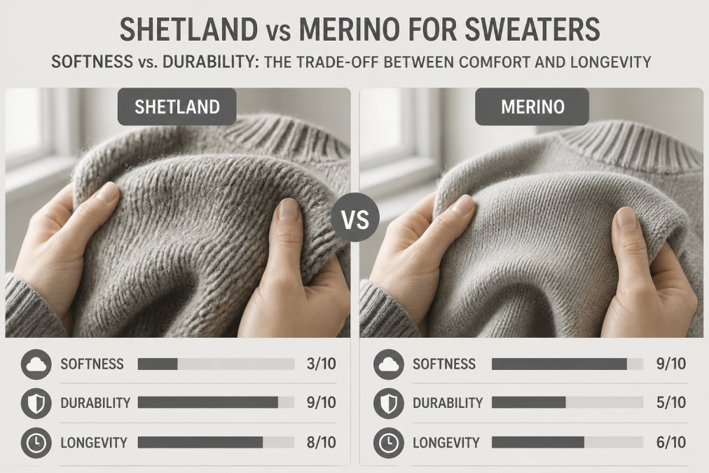 Close-up of hands holding two different wool sweaters side by side, showing distinct texture and weave detail with natural window lighting