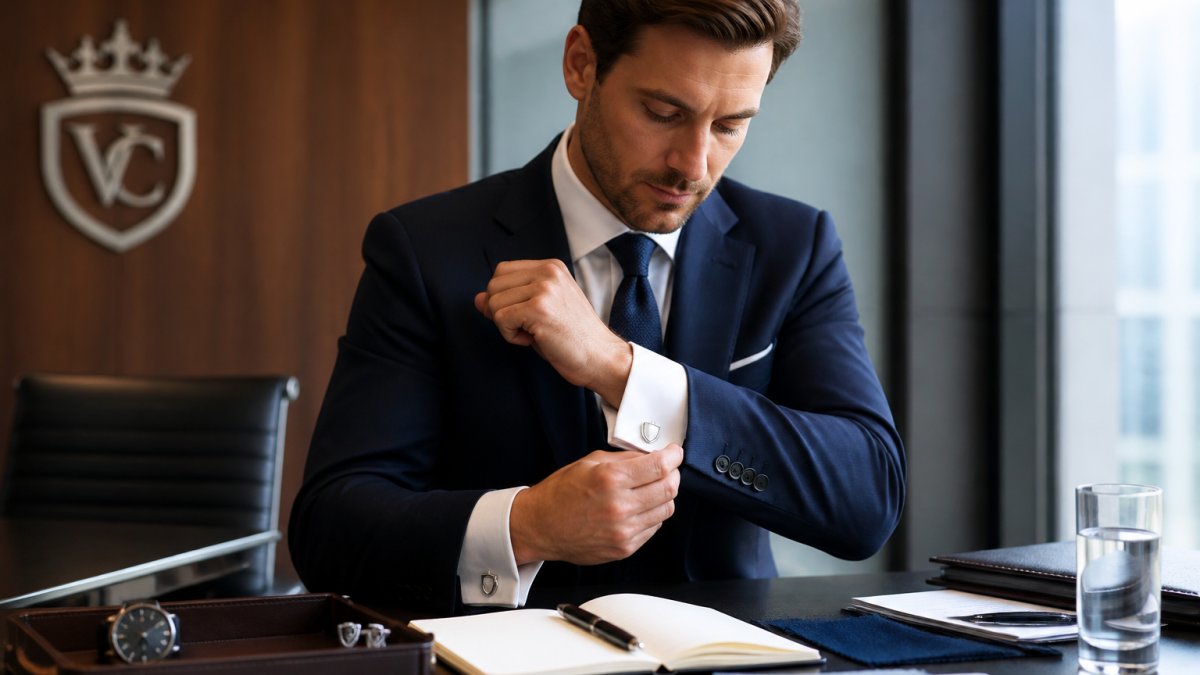 Professional man in a navy suit adjusting his shield cufflinks in a modern boardroom setting
