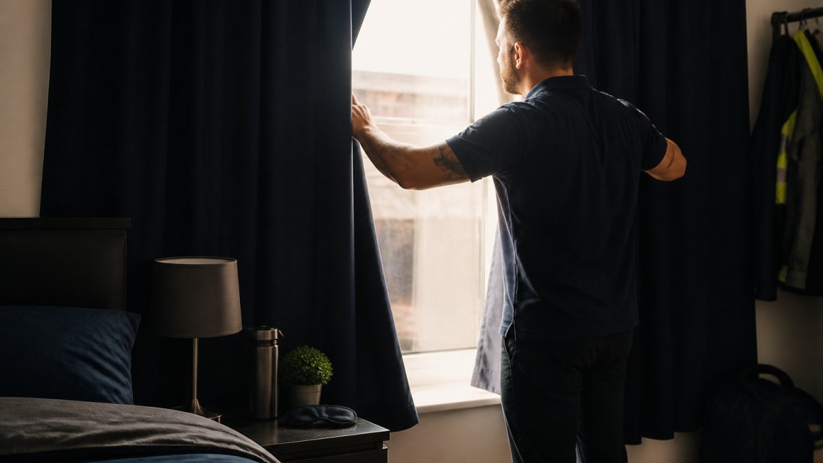 Step-by-step guide on creating a dark, quiet bedroom environment to improve sleep after a night shift