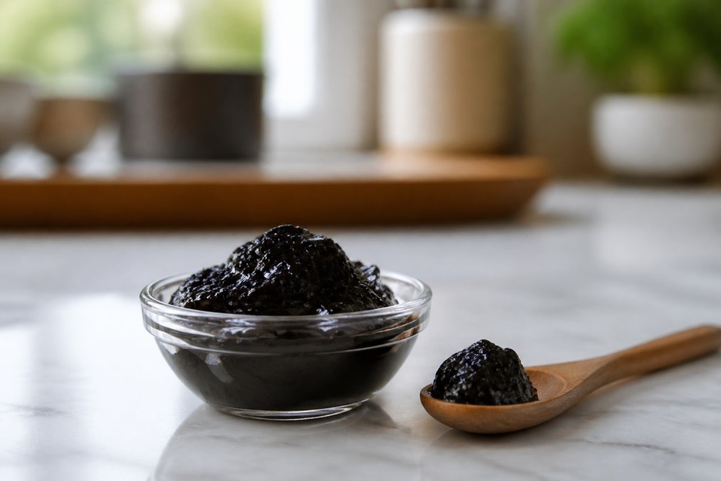 A close-up of dark, resinous shilajit in a small glass bowl next to a wooden spoon, with a soft-focus background of a bright, clean kitchen counter