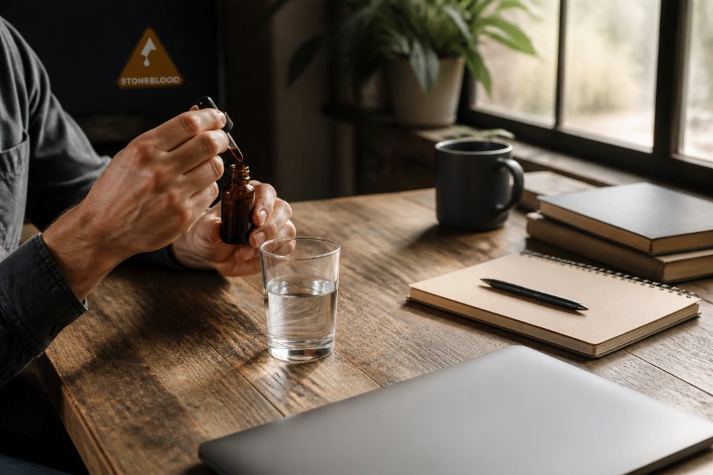 Hands dissolving shilajit resin into water to help with afternoon brain fog on a sunny wooden desk