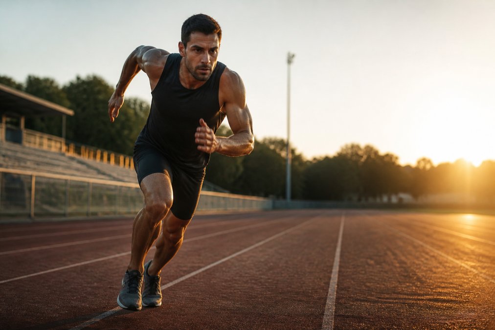 A runner in motion on a sunlit track at dawn, muscles engaged, visible effort and focus, light catching the sweat on their skin