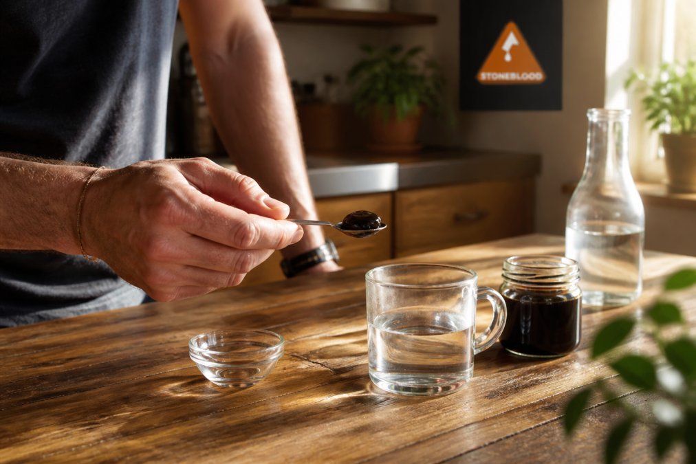 Close-up of a man's hand holding a small spoon with dark shilajit resin next to a glass of warm water on a wooden kitchen counter, morning light