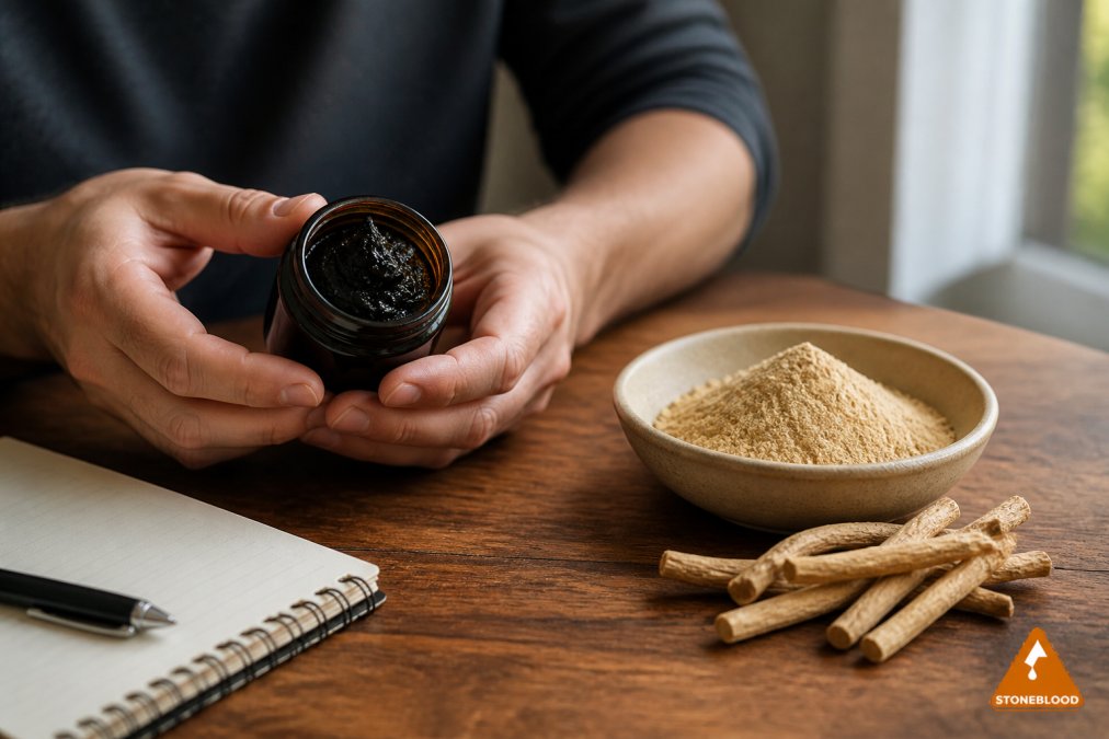 A close-up of a person's hands holding a small jar of dark shilajit resin next to a bowl of ashwagandha root powder on a wooden table, with a notebook and pen nearby, in soft natural light