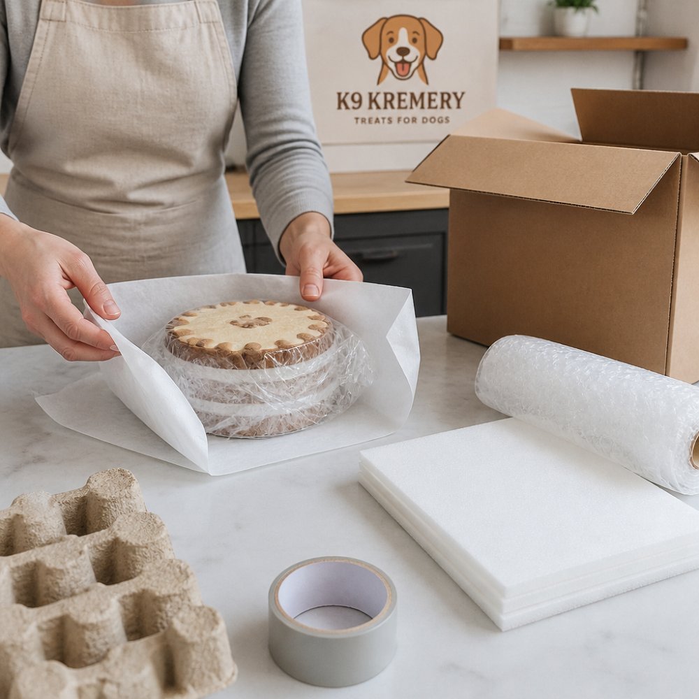 Hands carefully wrapping a small dog cake in plastic wrap and parchment paper on a clean kitchen counter, with packing materials and a shipping box visible nearby