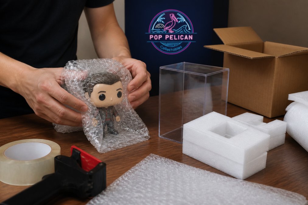 Hands carefully wrapping a Pop! Vinyl figure in bubble wrap, securing it in a rigid acrylic protective case, with additional foam padding visible in the background