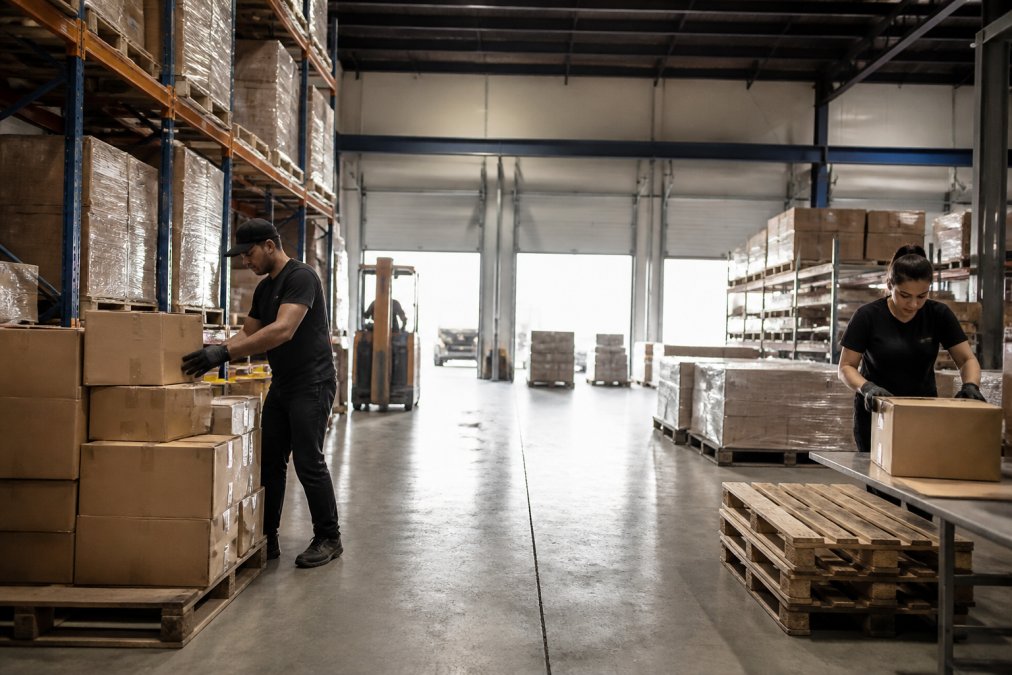 Modern warehouse facility with organized inventory shelves, workers managing packages and preparing shipments, dock doors visible in background with natural lighting