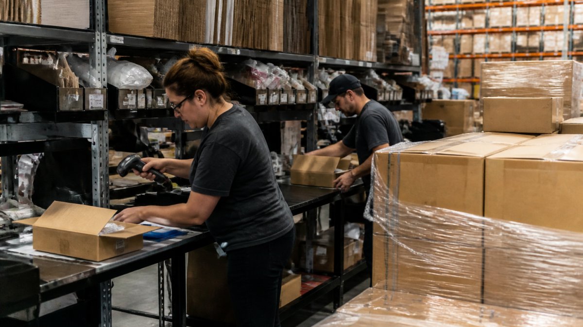 Warehouse workers efficiently picking and packing orders at organized fulfillment station, with labeled shelves, barcode scanners, and cardboard boxes ready for shipment in modern logistics facility
