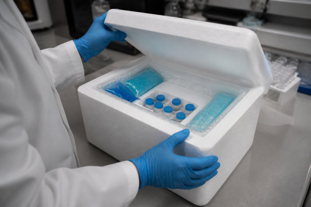 Researcher in nitrile gloves unpacking research peptides from an insulated cold chain shipping container