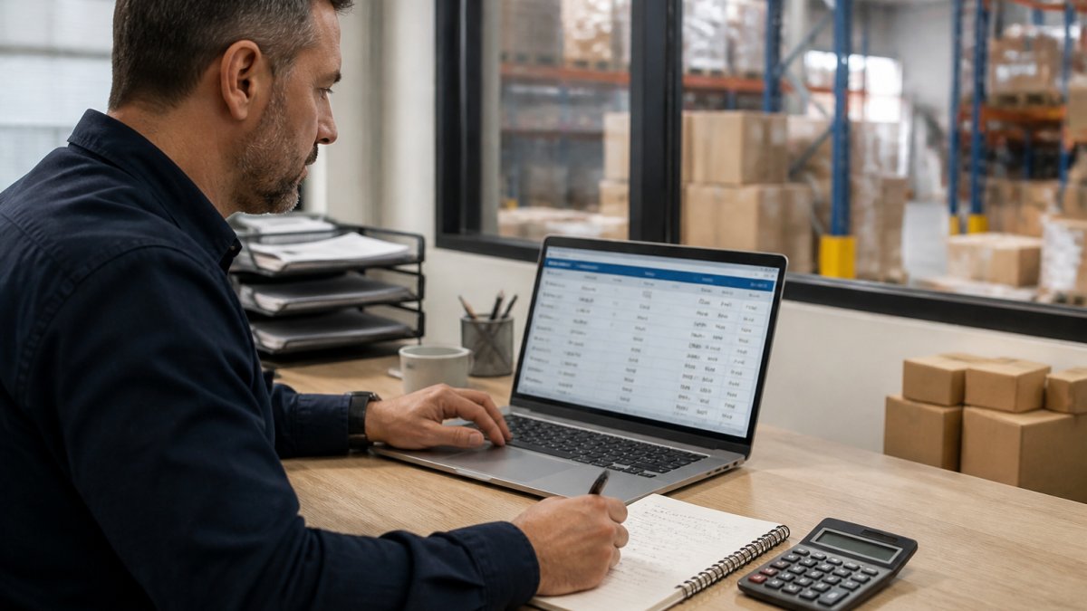 A logistics manager comparing shipping quotes on a laptop screen in a modern warehouse office, with a notepad and calculator on the desk