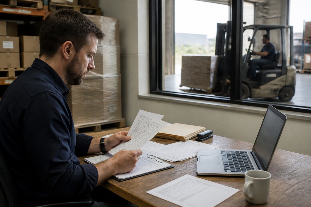 Logistics manager reviewing freight rates to evaluate each shipping company process