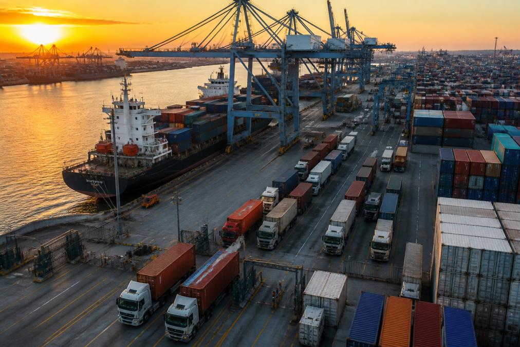 Aerial view of a busy container port at golden hour, with stacked shipping containers, gantry cranes loading a container vessel, and trucks queued for drayage at the terminal gates