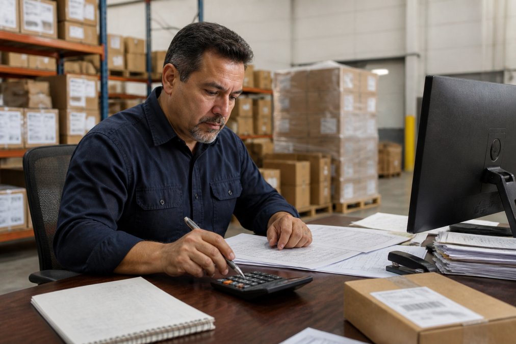 Logistics professional reviewing shipping quotes on desktop computer in modern warehouse office, with shipping labels and boxes visible in background