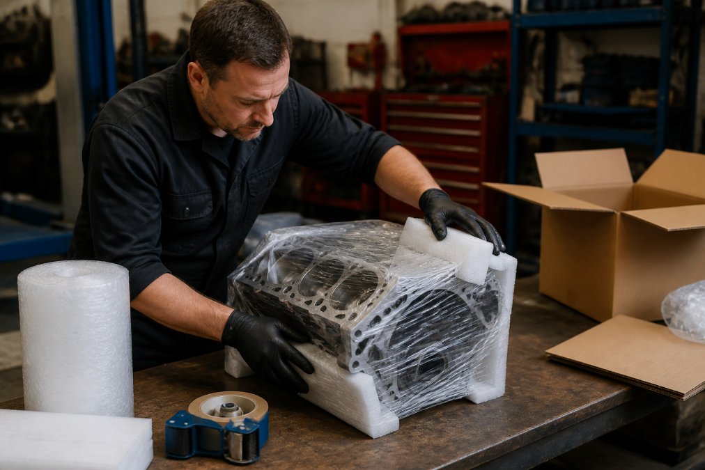Mechanic carefully wrapping and securing a large engine block with protective foam and plastic wrap on a workbench, with organized shipping materials surrounding the workspace