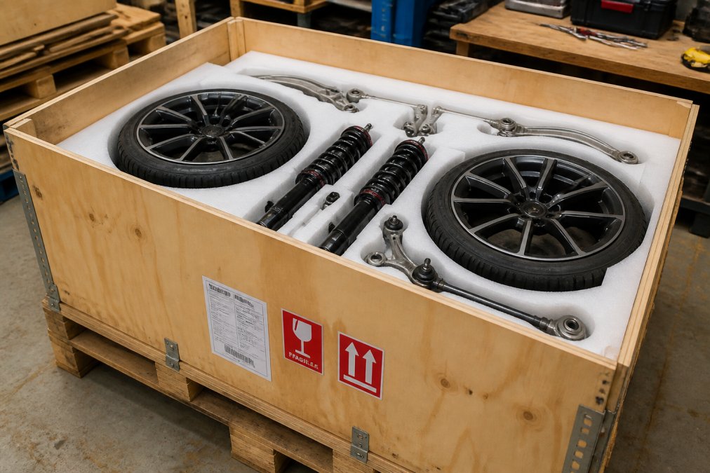 Wooden crate containing auto parts including wheels and suspension components, properly palletized with foam inserts, labeled with shipping information and fragile warning stickers