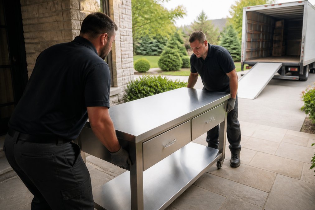Professional delivery team carefully positioning a large stainless steel cooking table on a residential patio with clear driveway access, prepared ground space, and landscape visible in background