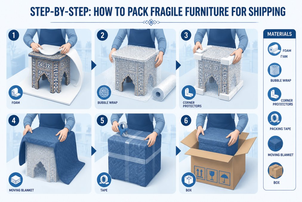 Hands carefully wrapping an ornate Moroccan wooden furniture piece with bubble wrap and foam padding in a bright workspace, showing protective materials organized nearby