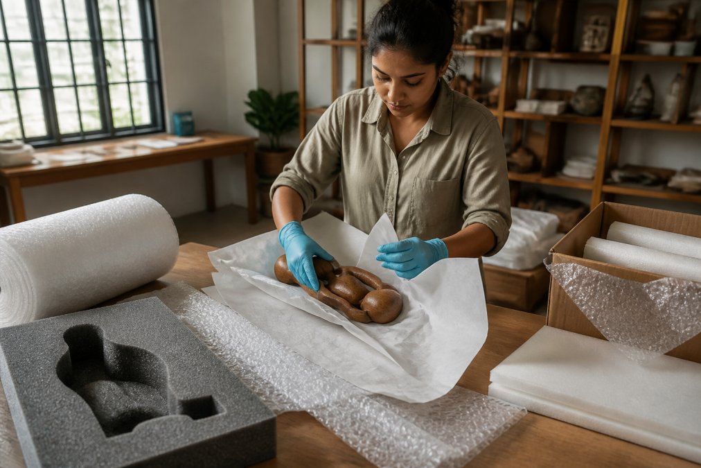 Step-by-step process of wrapping a wooden sculpture in protective tissue and foam for safe transit