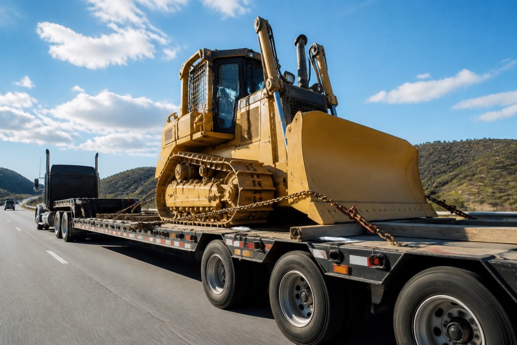 Wide-angle shot of a flatbed trailer loaded with heavy construction equipment on an open highway, showing proper load securement with chains and binding