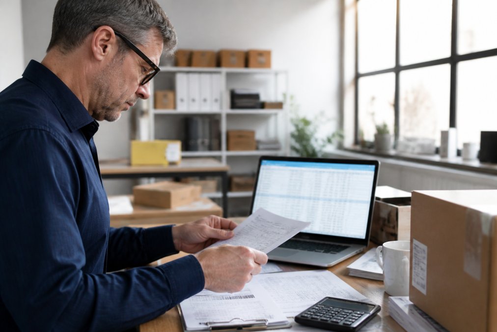 Logistics professional at desk reviewing shipping documentation and computer screen displaying freight rates and shipping details with modern office lighting