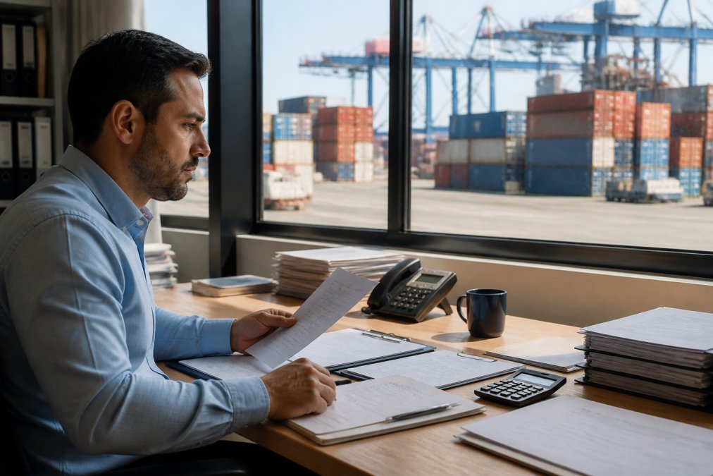 Logistics professional reviewing shipping data on computer terminal in modern warehouse with shipping containers visible in background, natural daylight through large windows