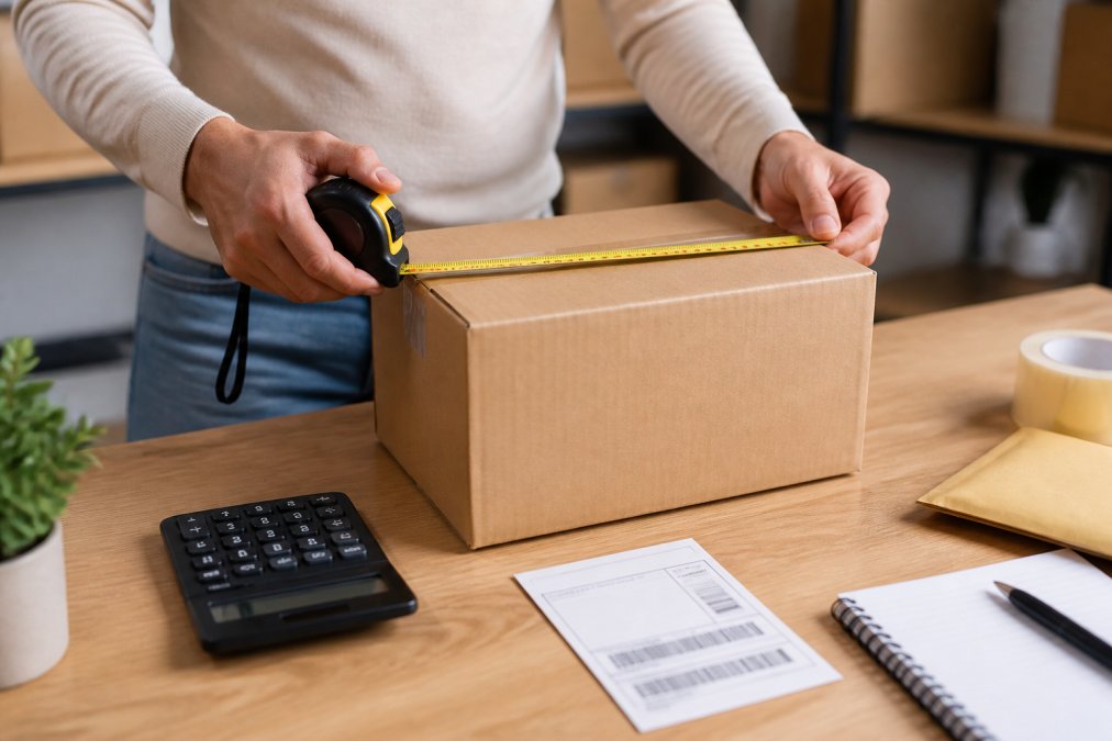 Close-up of hands measuring a cardboard box dimensions with a tape measure, shipping label and calculator visible on desk surface with natural office lighting