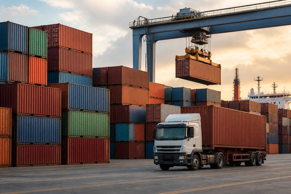 Wide shot of a busy container terminal at golden hour, stacks of colorful corrugated steel containers in red, blue, and green, a gantry crane lifting one unit in the background, and a truck hauling a container on a chassis in the foreground