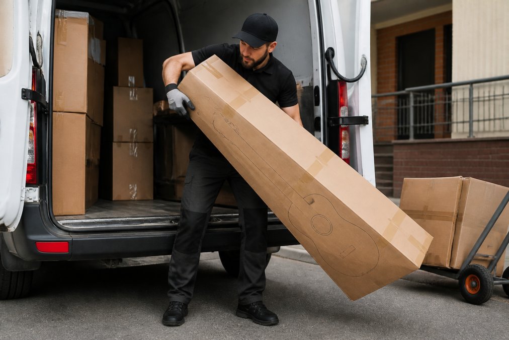 A delivery driver carefully unloading a musical instrument package from a van, showing professional handling of fragile goods with protective gloves