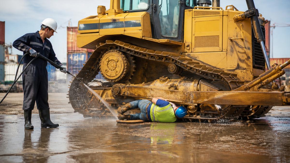 A used bulldozer being pressure-washed and inspected at a shipping yard, with a worker in safety gear checking the undercarriage under bright daylight
