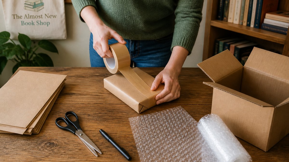 A person wrapping a paperback book in brown paper and packing tape on a wooden table, with a cardboard box and bubble wrap visible nearby