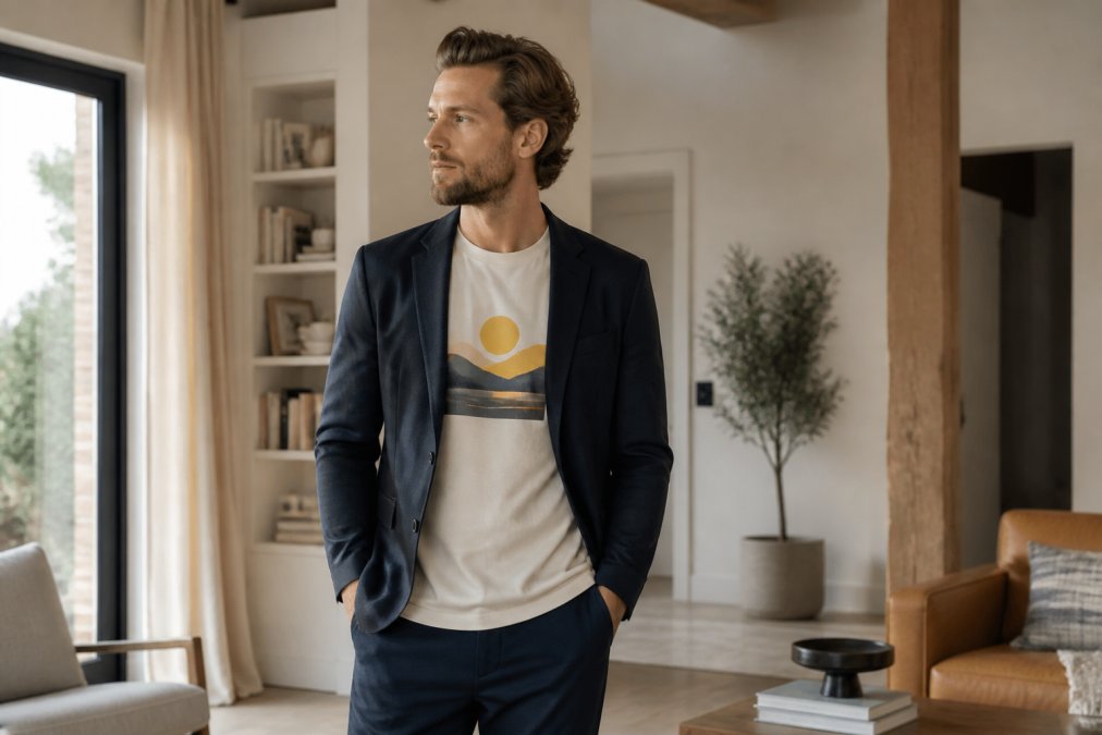 A man in his early thirties wearing a plain graphic t-shirt layered under an unstructured blazer, standing in a bright, modern living space with natural light