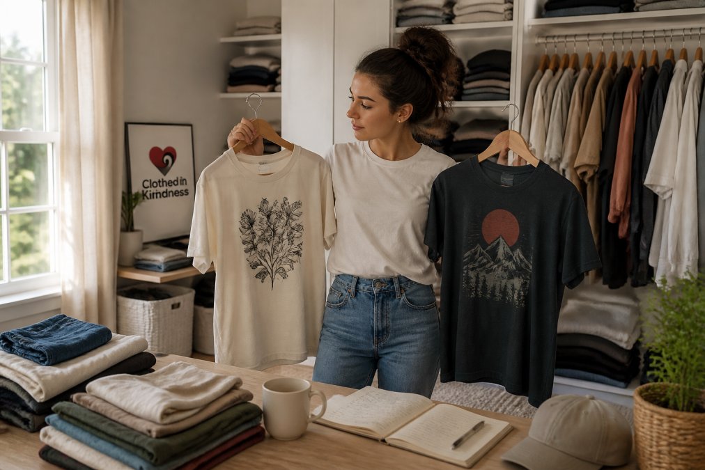 Infographic process showing how to compare graphic tees to express your personality through a curated wardrobe.