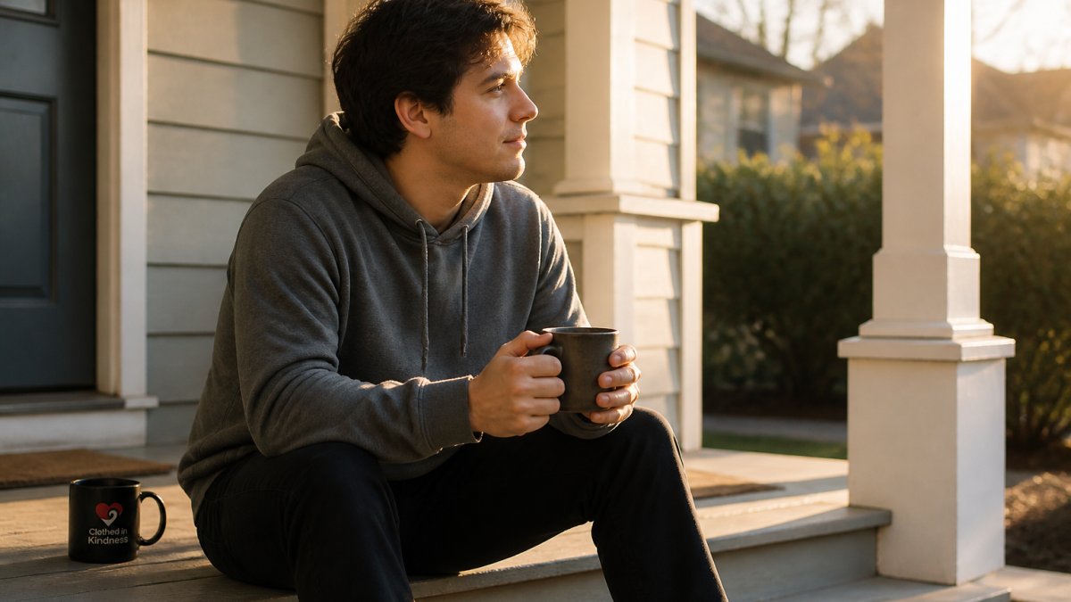 A person in a soft hoodie sitting alone on a front porch step with a mug, relaxed posture, morning light, no visible readable text on the garment